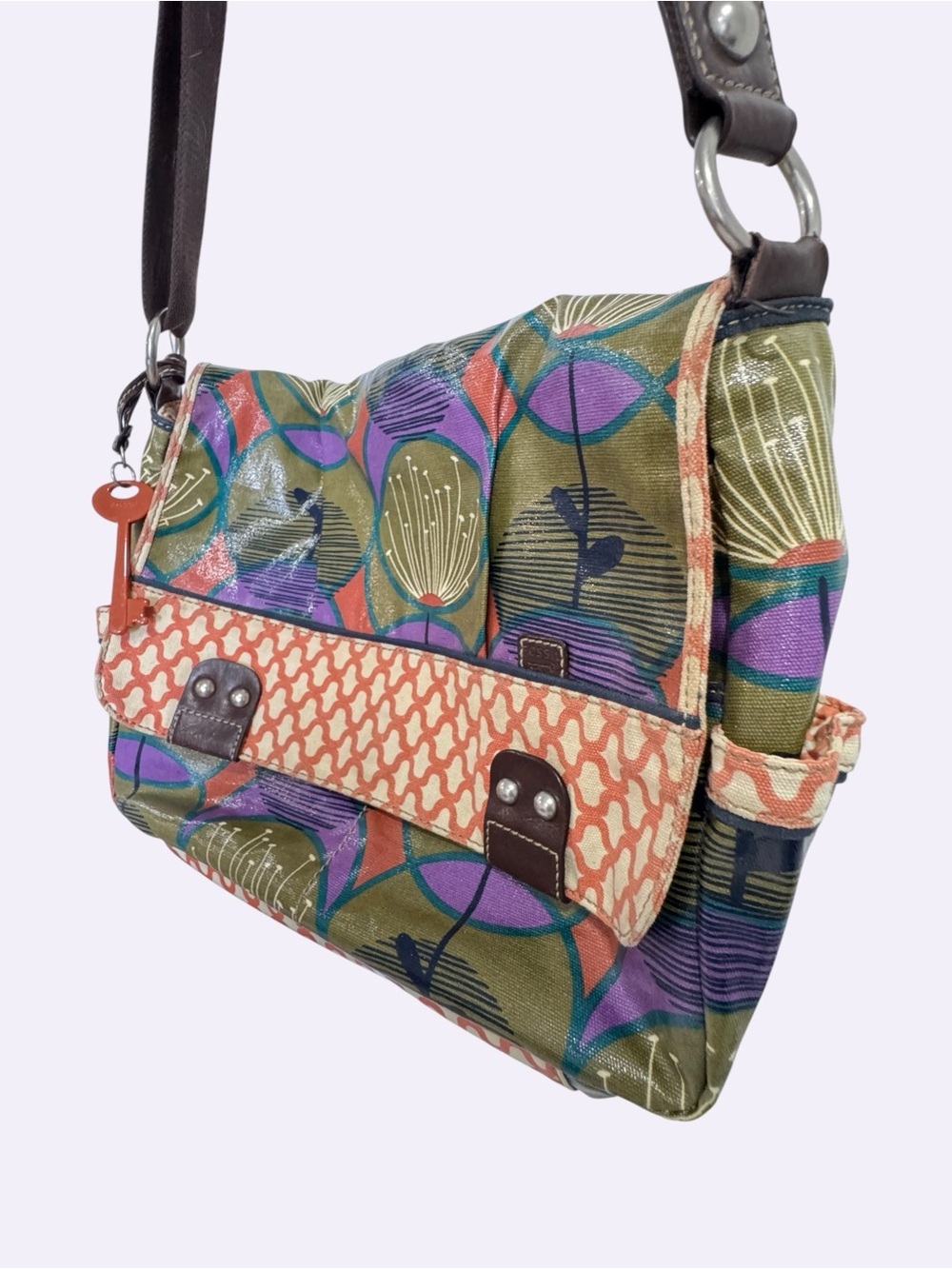 Fossil Floral Coated Canvas Messenger Bag Boho Retro Print Shoulder Purse - Picture 5 of 16